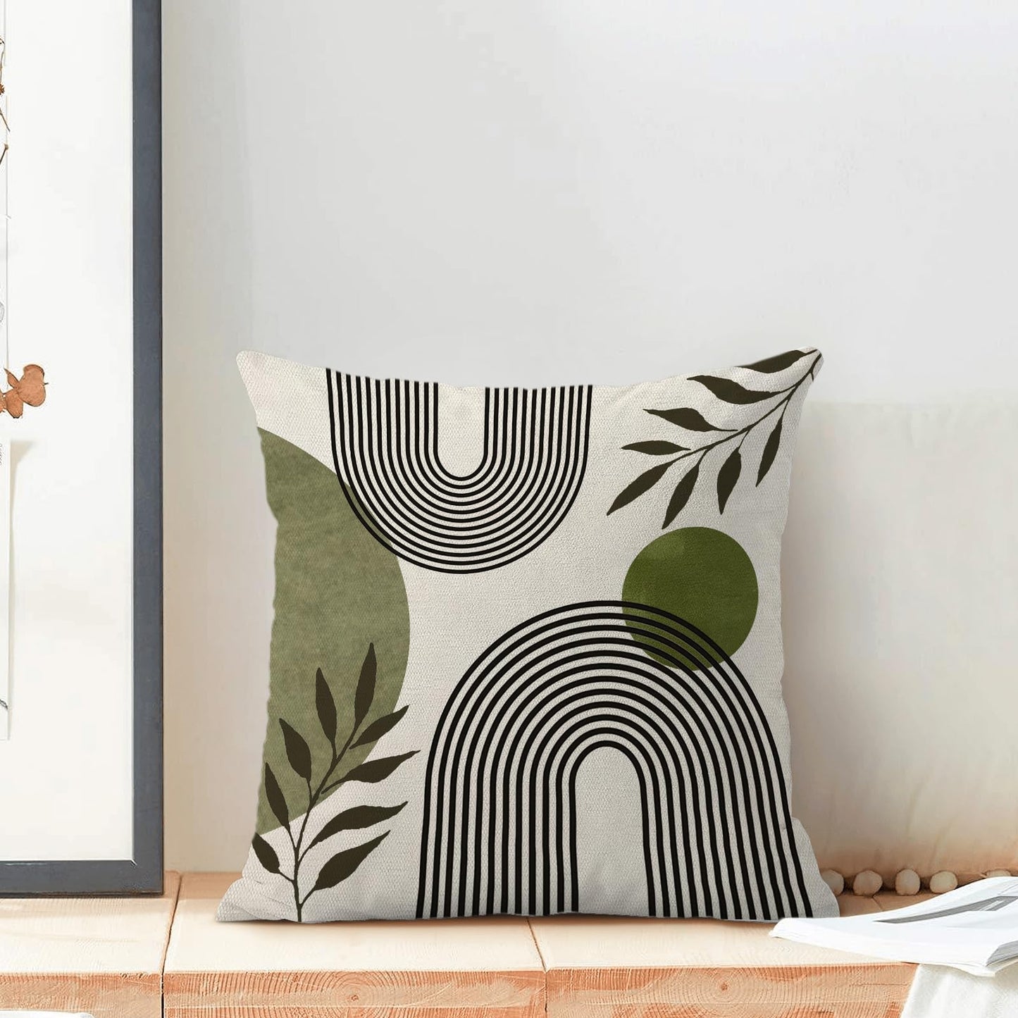 Boho Summer Pillow Covers 18x18 Inch 2 Pcs, Sage Green and Tropical Leaf Outdoor Decorative Throw Pillows, Mid Century Abstract Art Farmhouse Decor Pillowcase Linen Cushion Cover for Couch Sofa