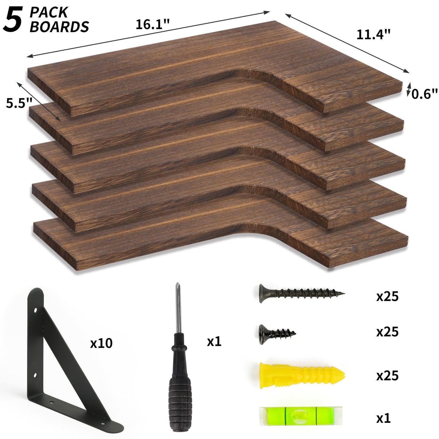 Fixwal Corner Floating Shelves for Wall Set of 5, Rustic Wood Wall Mounted Shelf for Bathroom, Kitchen, Bedroom, Home Decor, Laundry Room, Living Room (Dark Carbonized Black)
