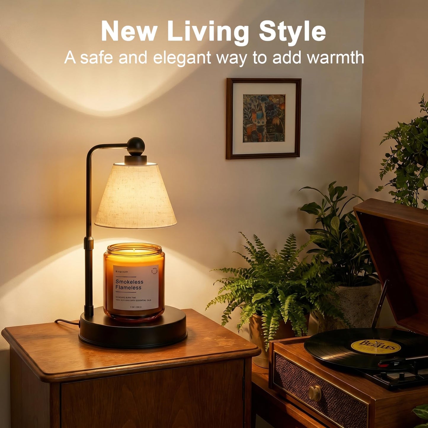 Bingyouth Candle Warmer Lamp with Timer, Dimmable, Adjustable Height, Modern Farmhouse Linen Shade, Black Candle Warming Lamp for Up to 6-Inch Jar Candles, 2 Bulbs Included
