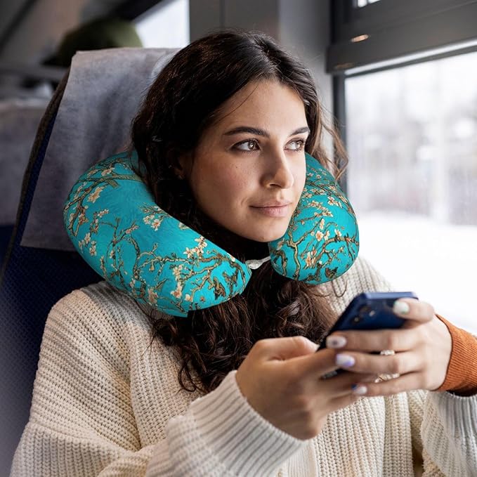 Memory Foam Airplane Pillow Beautiful Apricot Flower Blossom Art for Car Chin Head Neck Supporting, U Shape Pillows Travel Cushion for Office, Nap Sleeping