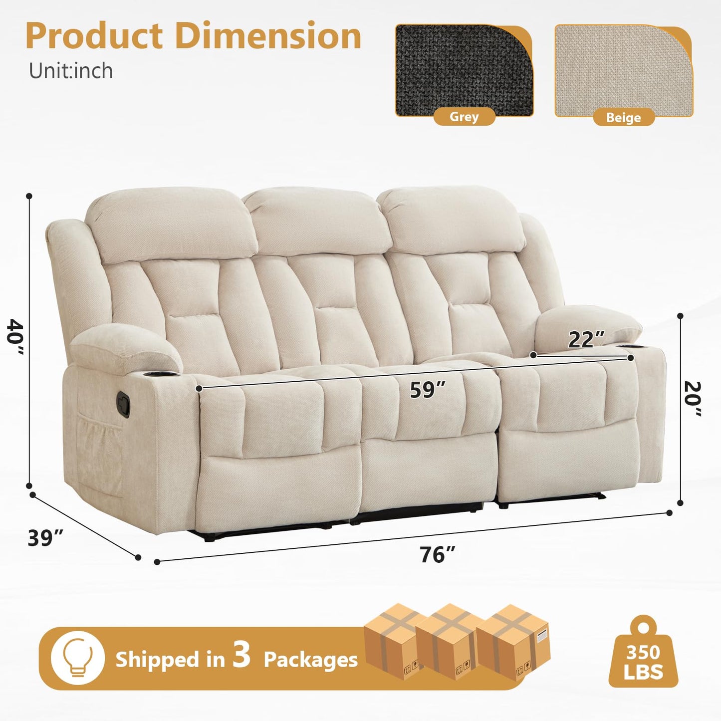 ANJ Manual Recliner Sofa,Chenille Fabric Reclining 3-Seat Living Room Furniture Sets with Cup Holders,Side Pocket,Wall-Hugger Design for Living Room Home Theater Bedroom RV,Beige