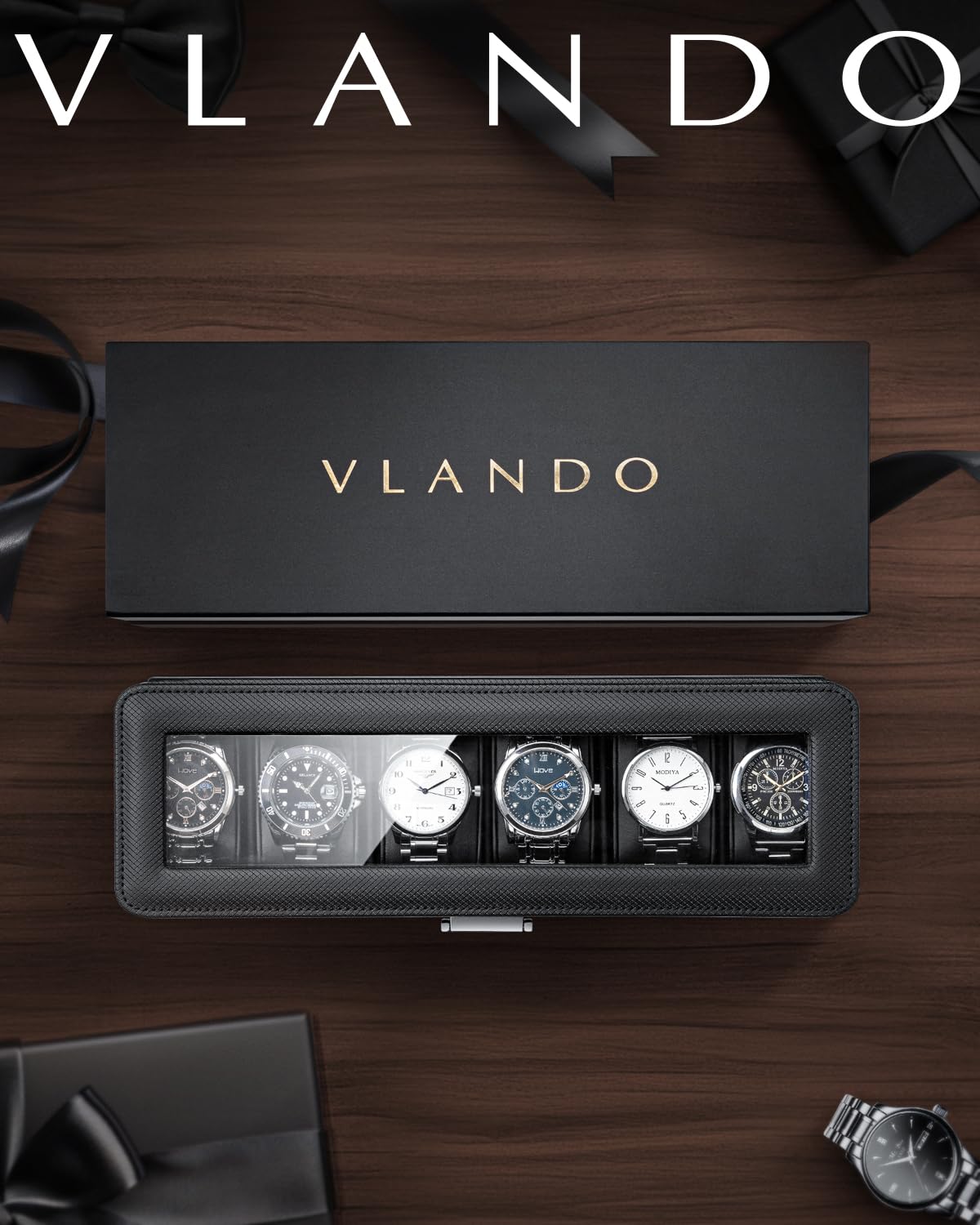 VLANDO 6-Slot Watch Case for Men, Watch Box with Glass Lid, Lockable Watch Holder, Business Textured Leather Organizer Display Case, Soft Pillow, Gifts for Fathers, Dad, Husband, Valentines - Black