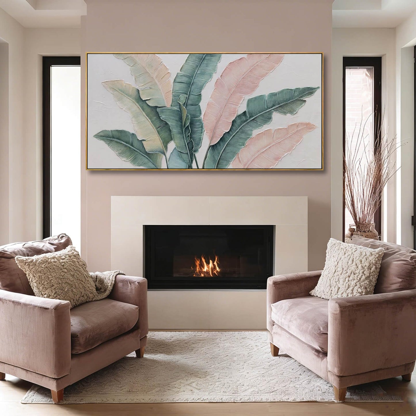 Tropical Green and Pink Leaf Wall Art 24x48 Inch, Large Framed Canvas Prints with Wooden Frame, Botanical Home Decoration for Bedroom Living Room or Office
