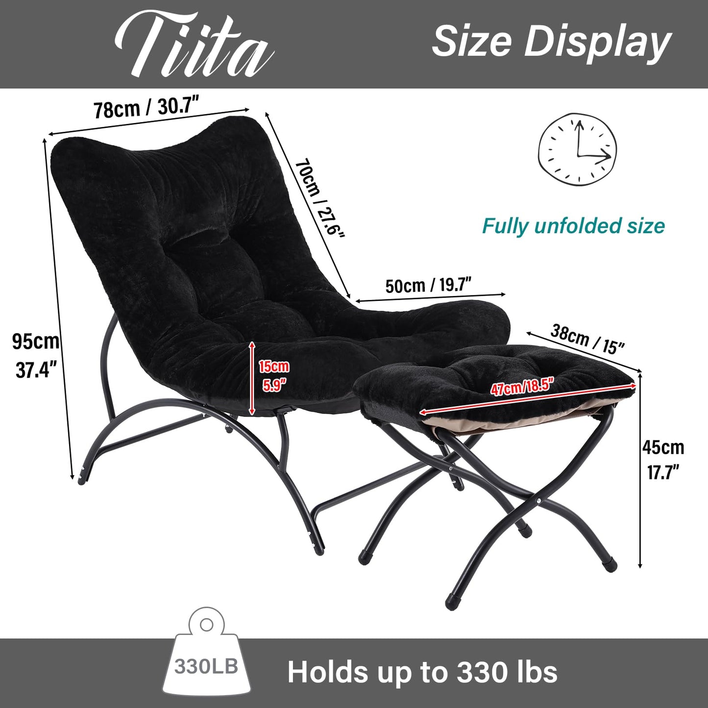 Tiita Accent Lazy Chair with Ottoman, Comfy Lounge Chair with Metal Frame and Plush Fabric, Thick Cushion Seated Cozy Recliner Chair for Reading Room, Living Room, Bedroom, Office, Black