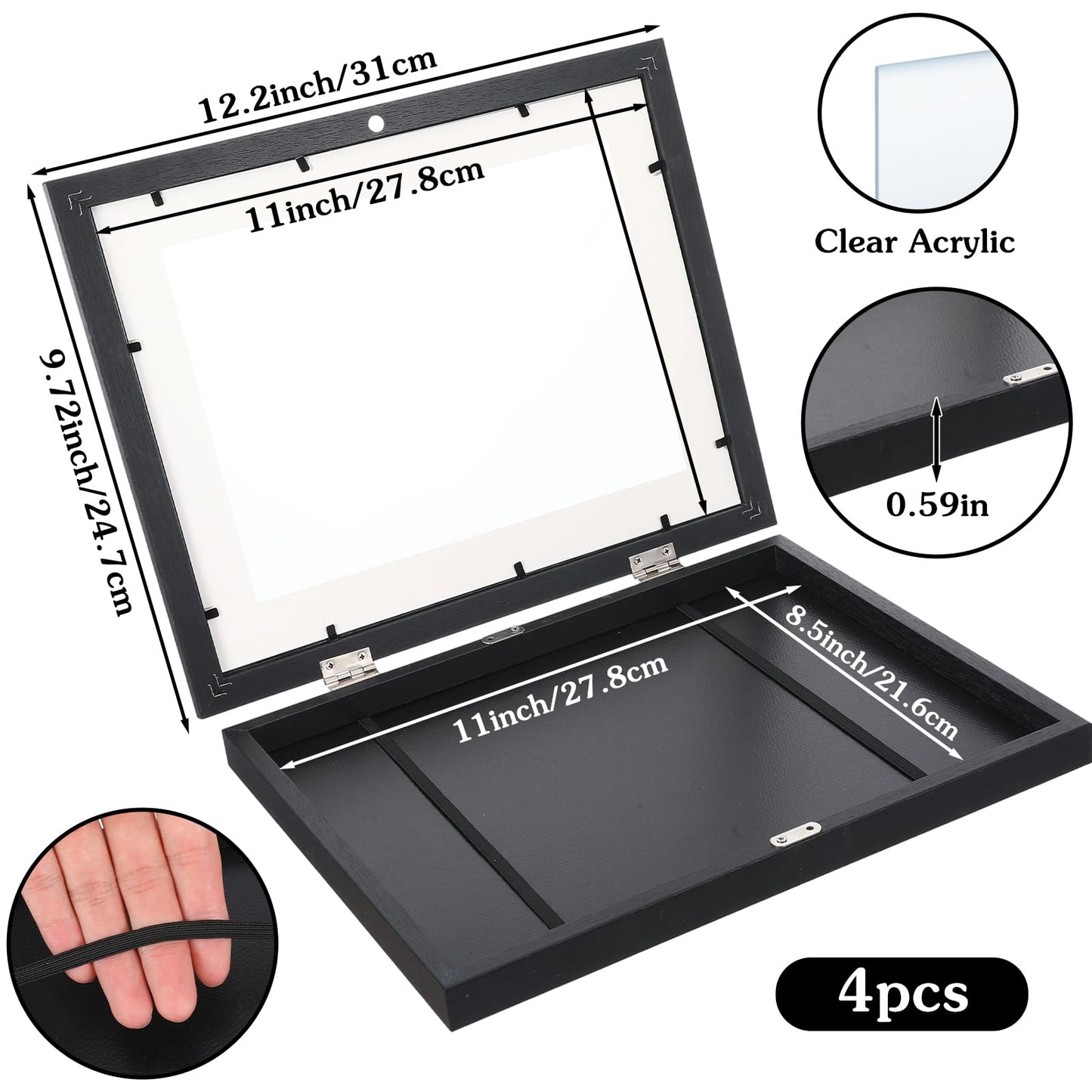 Ziouabaf 4 Pack Artwork Frames Changeable 8.5x11 Inch Front Opening Display Frame for Projects, Black Wood Frame Holds 150 Drawings, 3D Crafts, with 12 Hooks