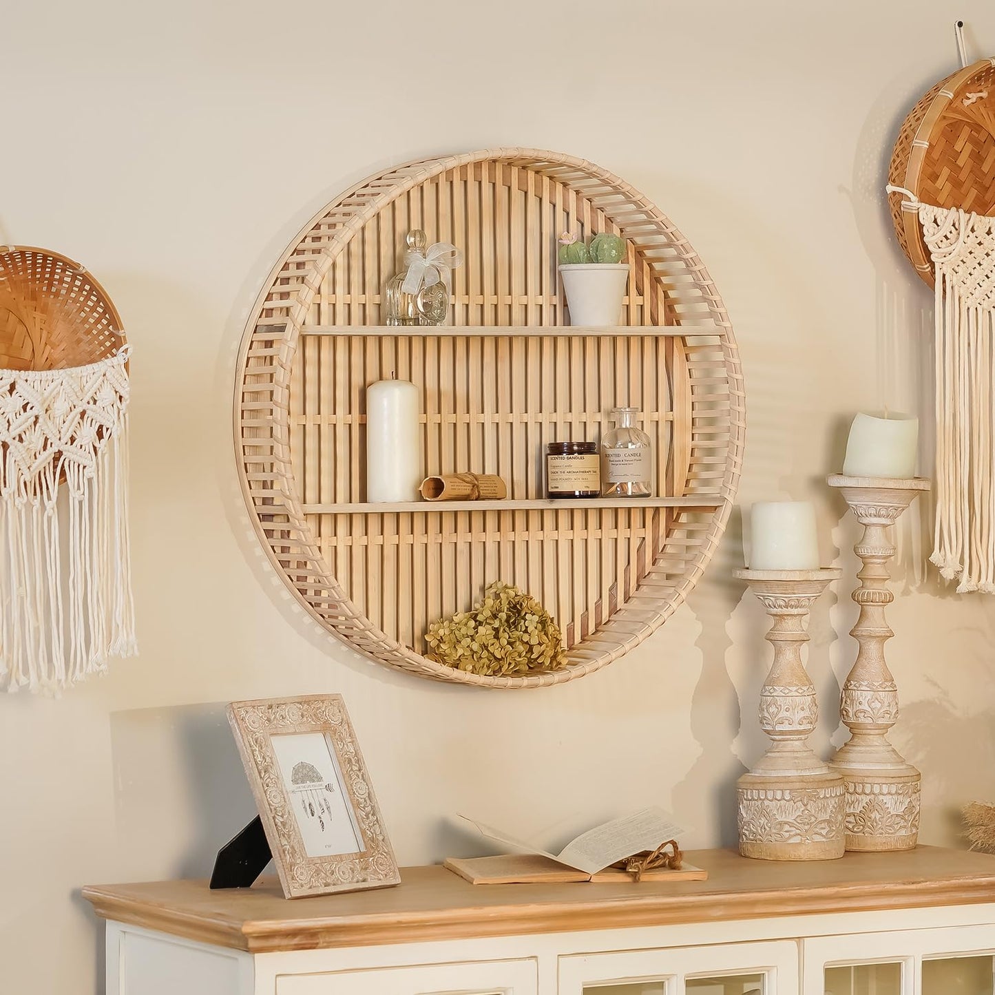 Synovana Rattan Wall Shelf 3 Tier Boho Wall Mounted Shelf Farmhouse Handcraft Round Floating Shelf Display Rack Storage Circular Hanging Shelf for Livingroom Home Decor