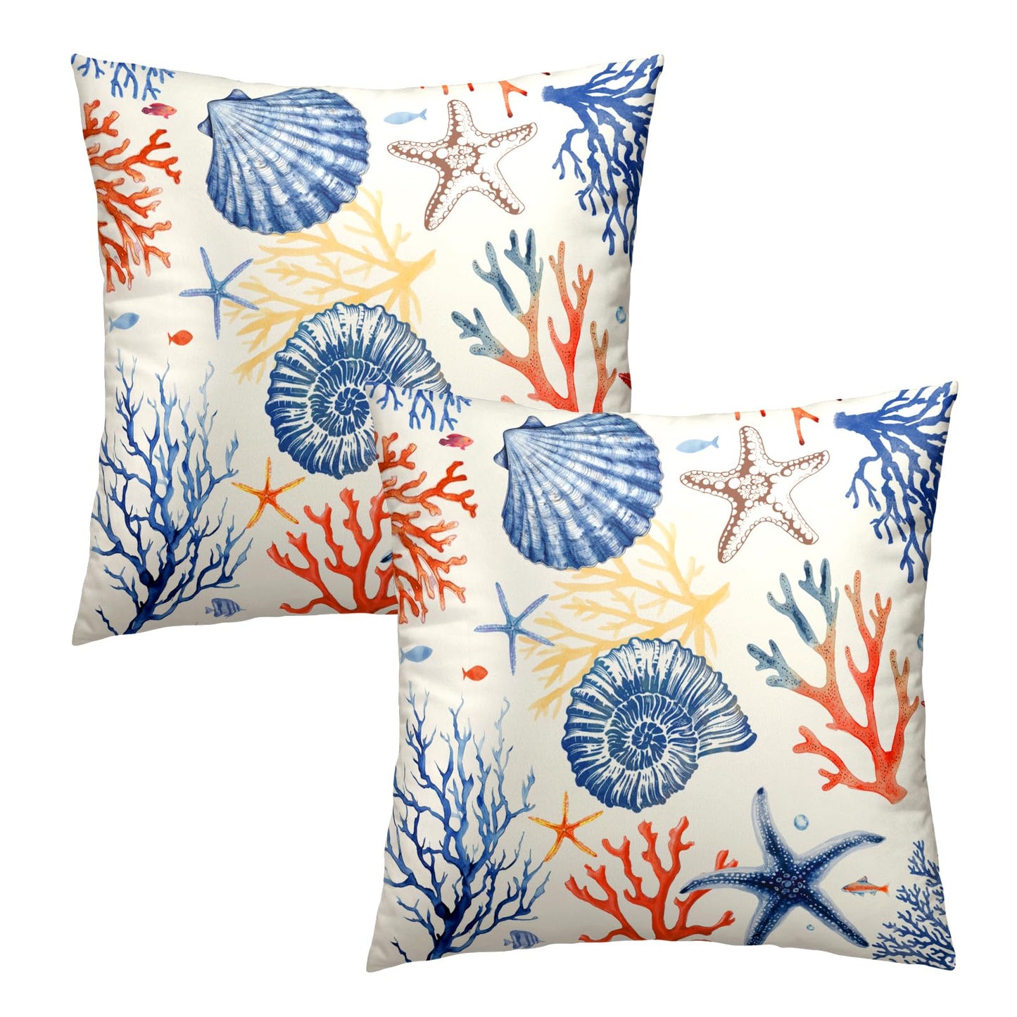 Mweet Nautical Coastal Throw Pillow Covers 18x18 Set of 2, Summer Ocean Beach Coral Decorative Pillow Cases Cotton Cushion Cover for Home Sofa Couch Wedding Anniversary Decor