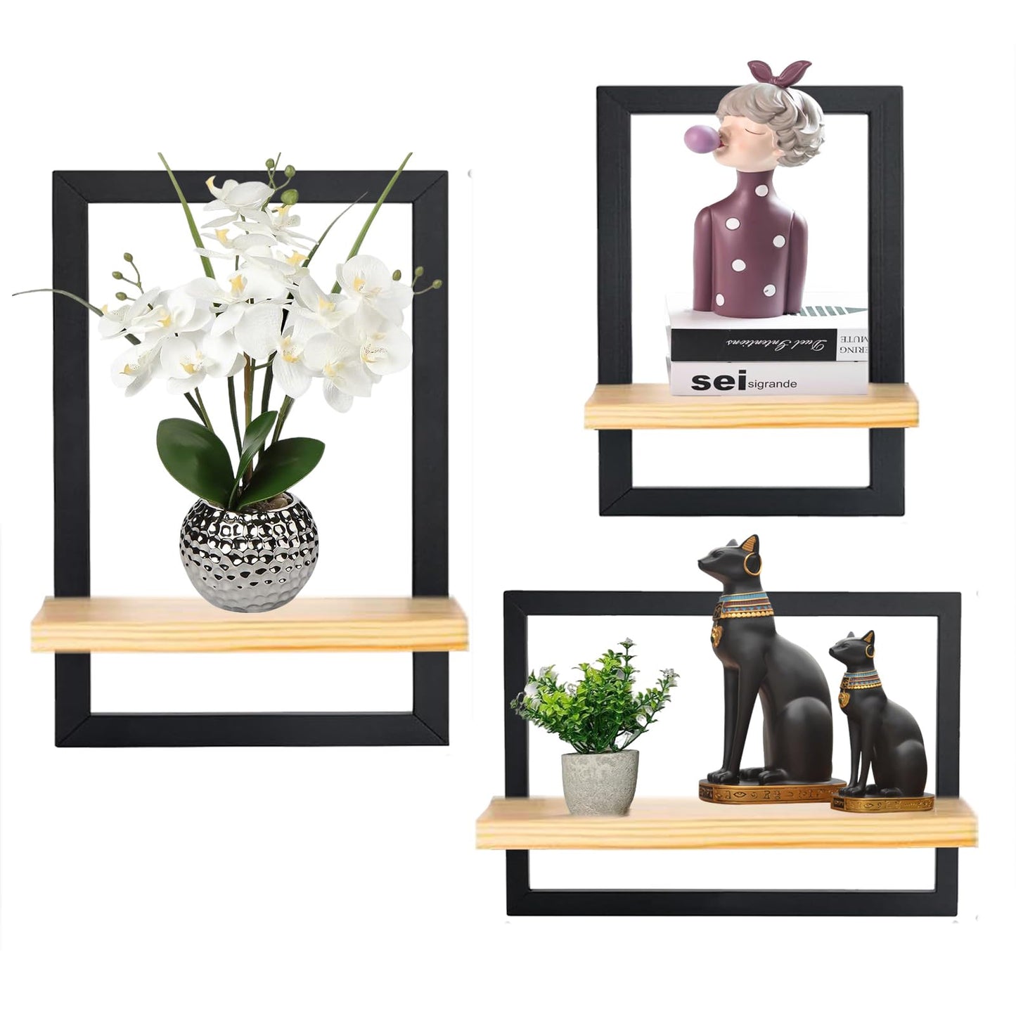Silvotek Set of 3 Wooden Floating Shelves for Wall - Solid Wood Kitchen Shelf Decor Floating Wall Shelves for Living Room, Metal Frame Hanging Shelves