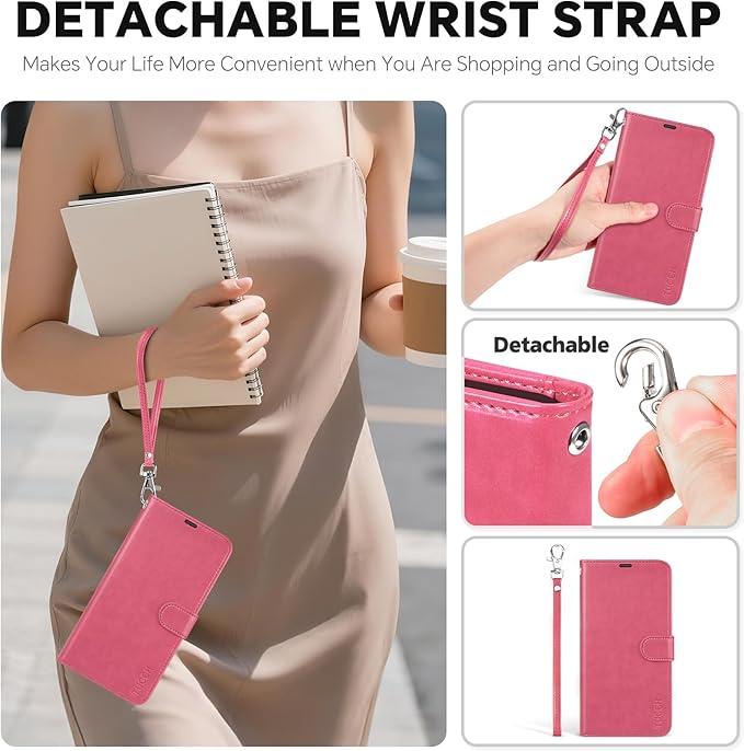 TUCCH 2-in-1 Removable Wallet Case for iPhone 17 (6.3-inch) 2025, Wireless Charging | RFID Blocking 4 Card Slots | Wrist Strap | Kickstand | Magnetic | PU Leather | Protective Flip Cover | Hot Pink