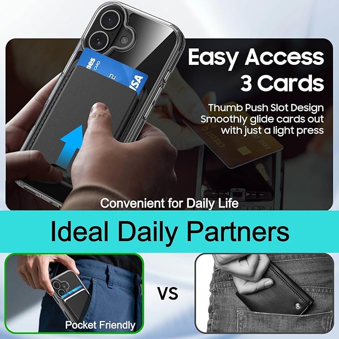 Ntwinro Magnetic for iPhone 16 Clear Case (Compatible with MagSafe) with Black Detachable Wallet & Card Holder for 3 Cards [RFID Blocking] Military Grade Protective Slim Phone Cover
