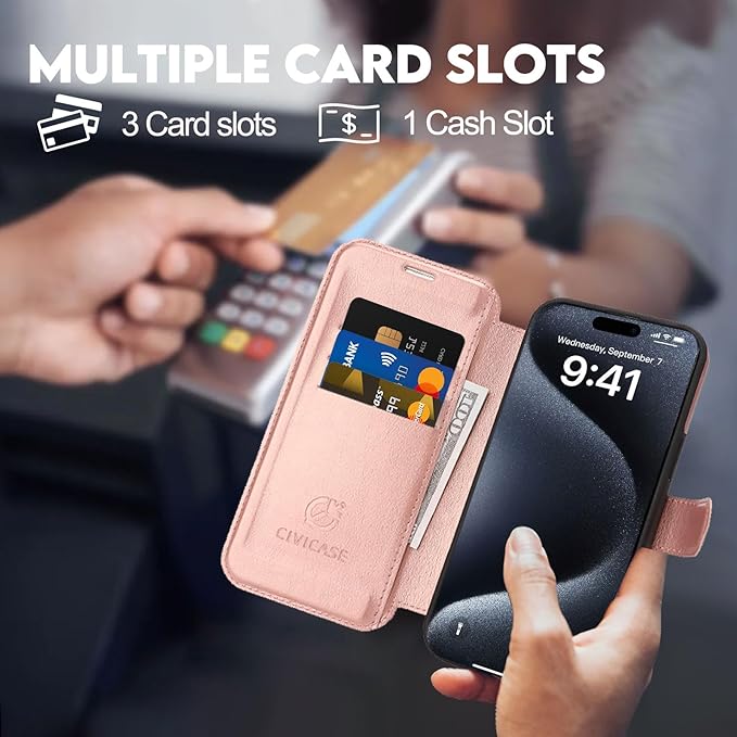 CIVICASE for iPhone 16 Pro Wallet Case with Stand,PU Leather Flip Credit Card Holder Slots (RFID Blocking),Compatible with Magsafe Magnetic Holder Phone Cover Women Men,Rose Gold