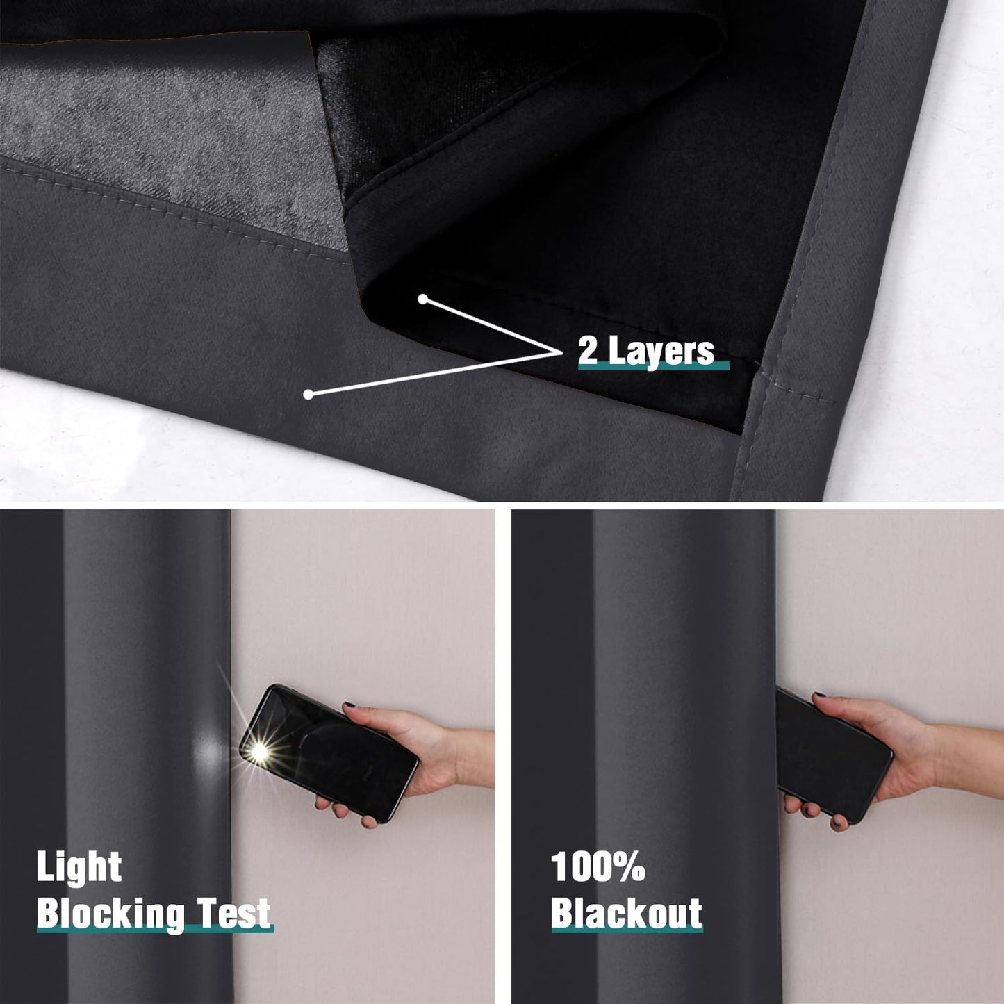 ChrisDowa 100% Blackout Curtains for Bedroom with Black Liner, 2 Thick Layers Total Blackout Thermal Insulated Grommet Window Curtains 2 Panels Set (Grey, 42W x 63L)