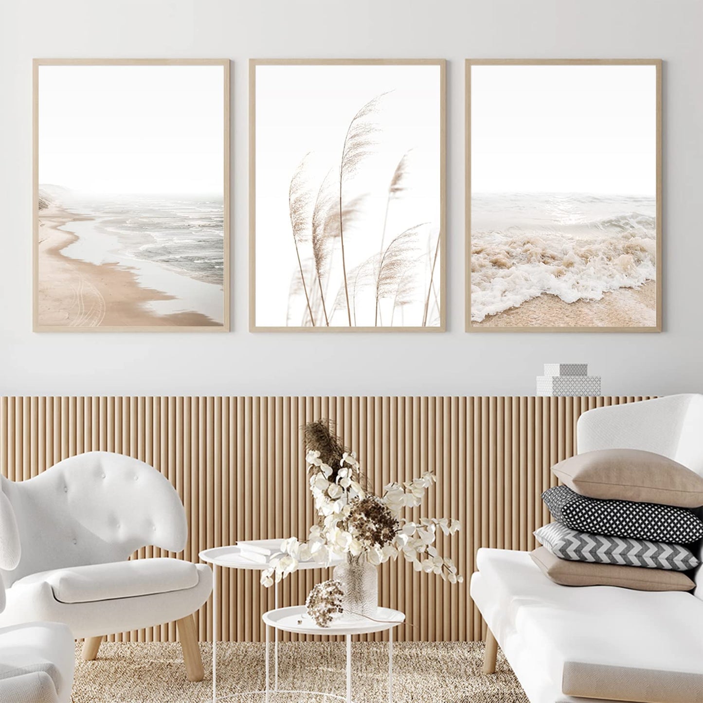 Joocrise Beach Wall Art Boho Prints Coastal Canvas Wall Art Decor Beach Pictures Pampas Grass Ocean Poster Plant Landscape Scene Artwork for Living Room Bedroom 16x24 Inch Unframed Set of 3