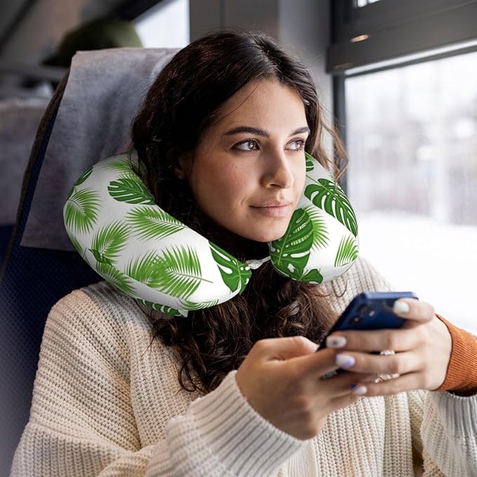 Neck Pillow Memory Foam Chin Cushion with Breathable Cover Tropical Leaf Green Banana Palm Leaves, Cute Airplane Car Pillows for Office Head Pain Relief