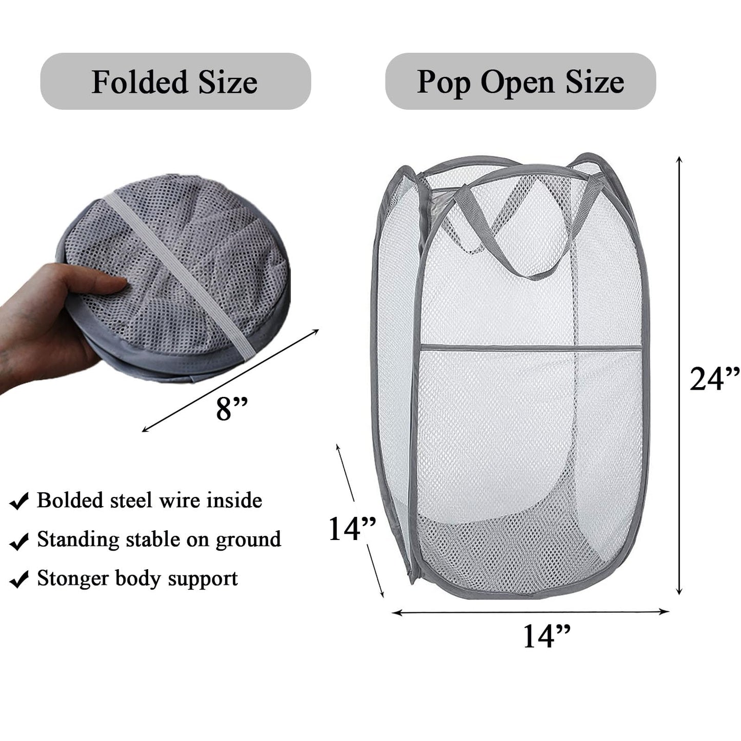 Larpur 2 Pcs Popup Mesh Laundry Baskets, Collapsible and Portable Clothes Washing Laundry Hampers with Reinforced Carry Handles, Gray Clothes Hamper for Home, Travel, College Dorm