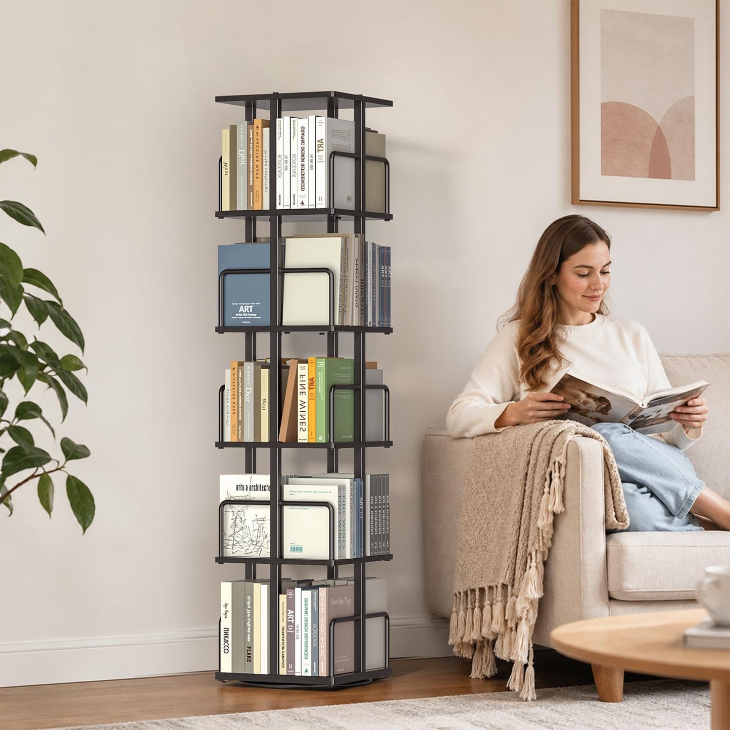 5-Tier Rotating Bookshelf, 360° Spinning Corner Bookcase with Metal Guardrails, Freestanding Industrial Book Shelf Tower, Space Saving Display Rack for Living Room, Bedroom, Home Office, Rustic Brown