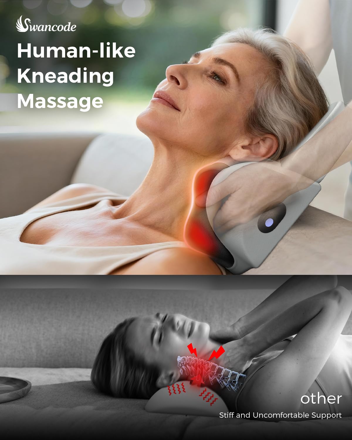 swancode Upgraded 3-in-1 Neck Massager Pillow with Heat, Portable Cordless Neck Massager for Pain Relief Deep Tissue, Rechargeable Pillow Massager for Neck & Shoulder Relaxation (Gray)
