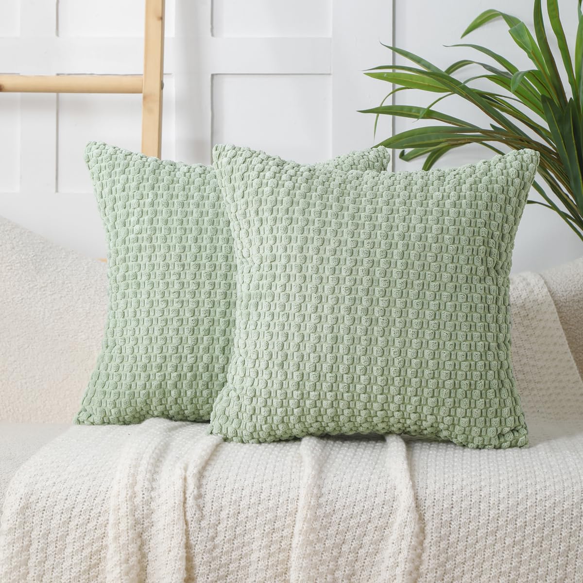 WOKANI Corduroy Decorative Throw Pillow Covers 20x20 Set of 2 Soft Boho Striped Decoration Pillow Covers Modern Farmhouse Home Decor for Sofa Living Room Couch Bed Green