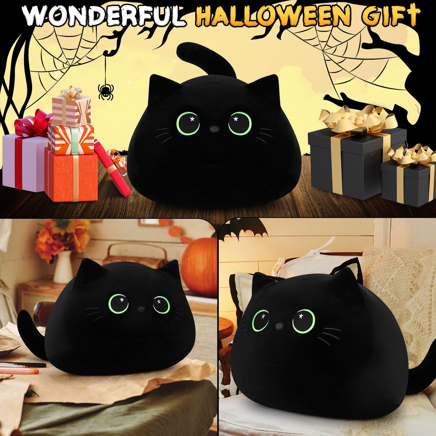 19'' Black Cat Plush Toy- Giant Black Cat Stuffed Animal, Large Plushie Toy Kawaii PlushiesGreen Star Eyes Cat Plush Pillow, Decor Plush Toys Plushie Christmas Birthday Gift for Kids