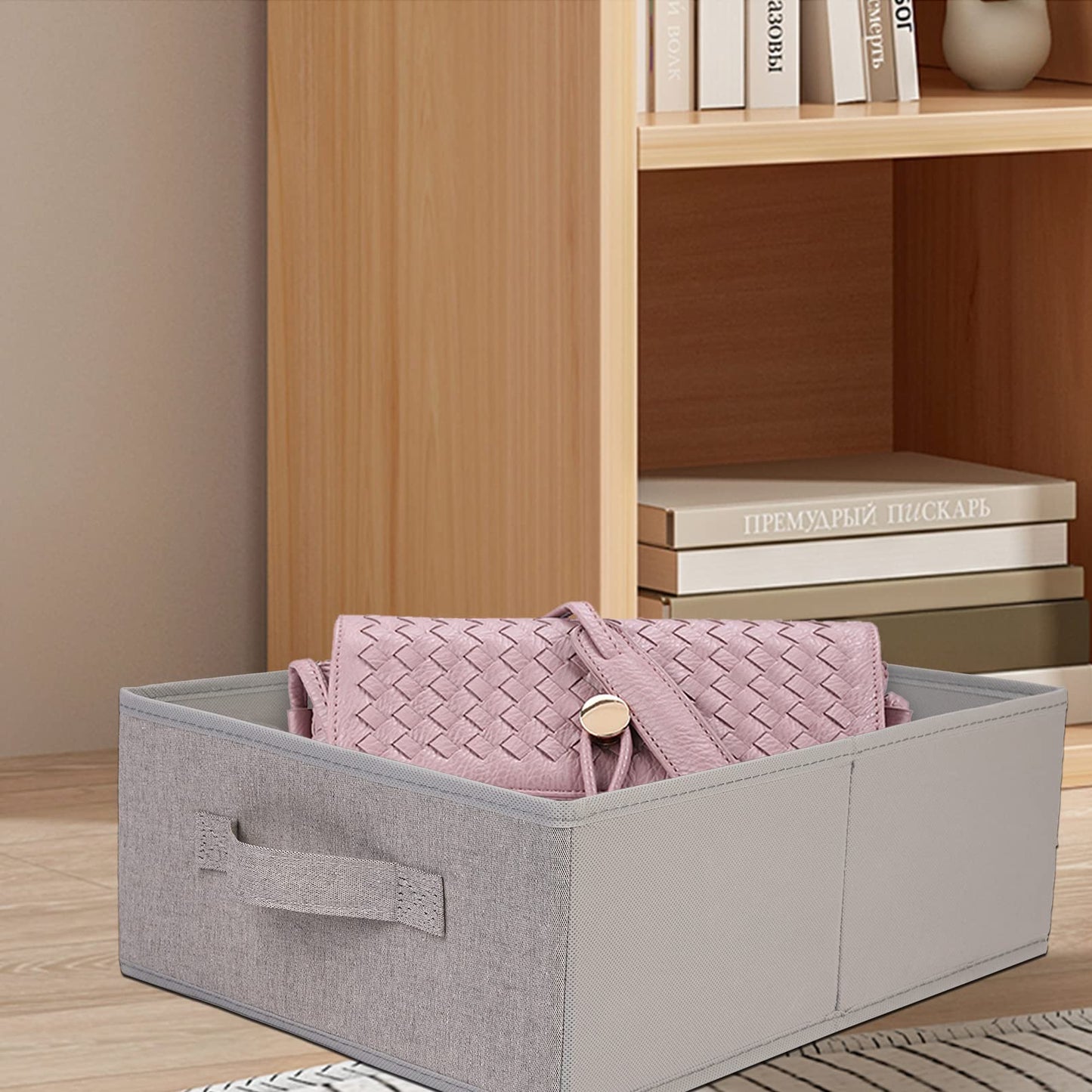 JAKAGO Fabric Storage Bins set of 4 Rectangle Storage Baskets with Handle Foldable Closet Organizer for Clothes Towel bedding Books Collapsible Clothing Container for Shelves Bedroom(Gray Low)