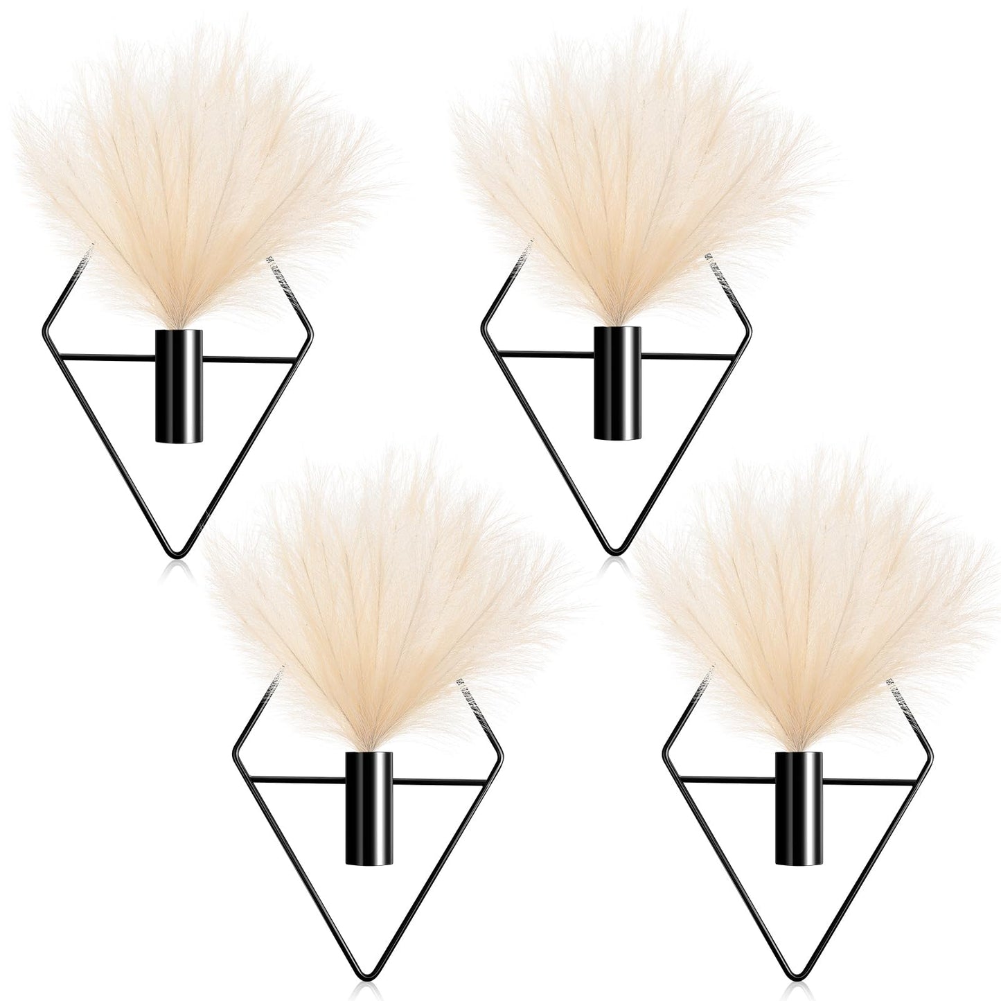 Jexine 4 Pcs Plant Wall Decor Diamond Shape Hanging Planters with Artificial Plants Geometric Wall Decor Metal Hanging Vase Indoor Holder for Living Room Bathroom Home(Pampas)