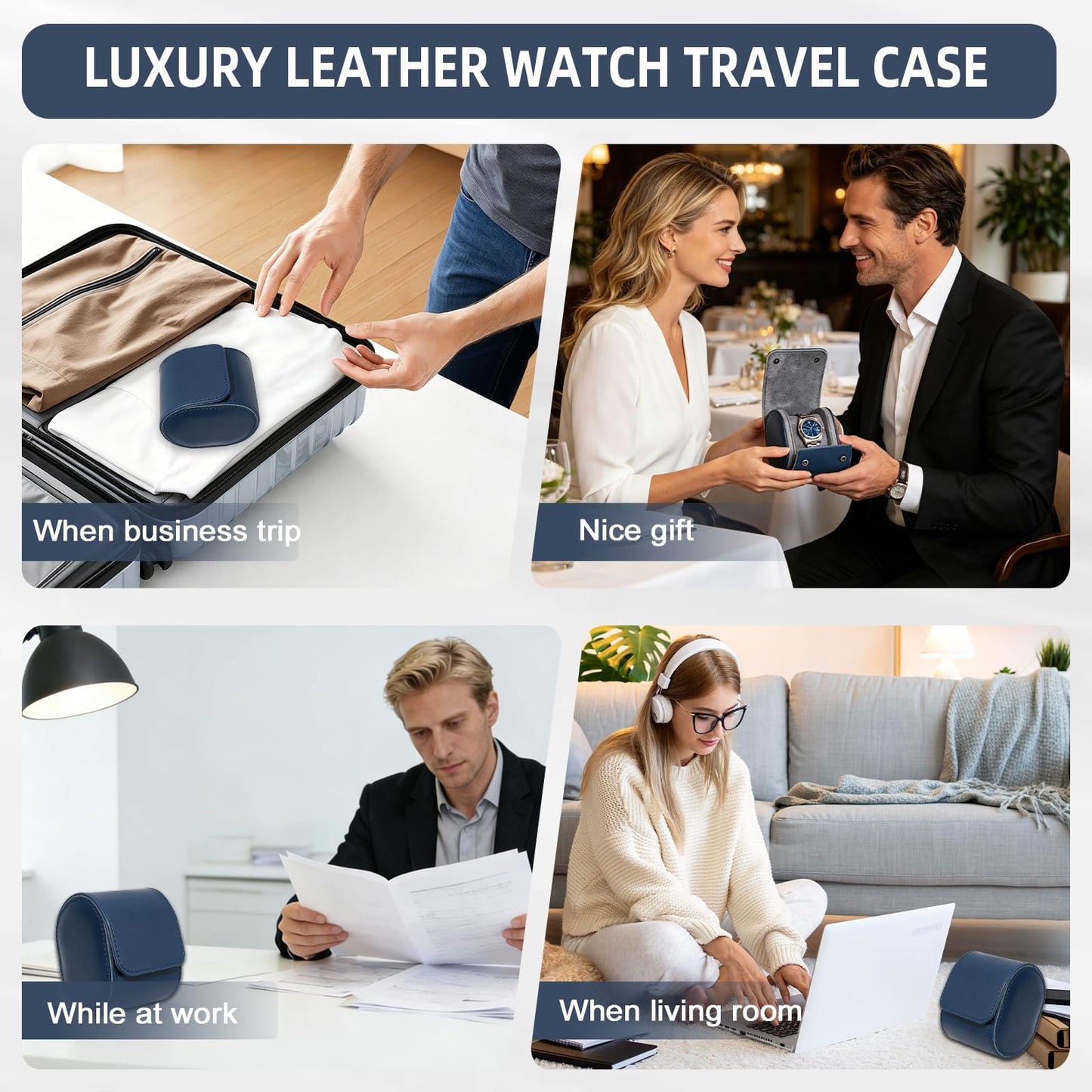 POKOTO Watch Travel Case for Men and Women, Luxury Leather Portable Watch Box Organizer for Home Storage, Travel and Display (Sapphire Blue, 1 slot)