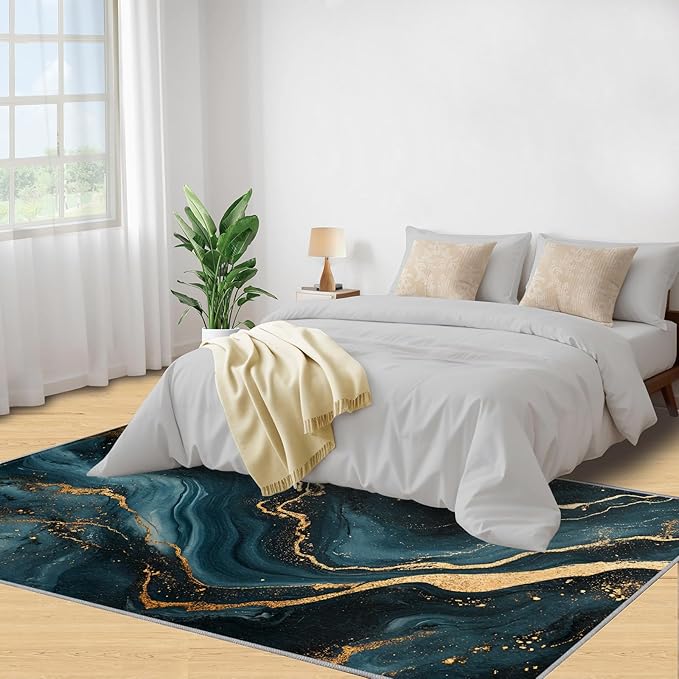 Marble Washable Area Rugs 3x4 Non-Slip Fluid Art Living Room Rug Gold Lines Soft for Carpet Low Pile Indoor Door Mat & Room Decor