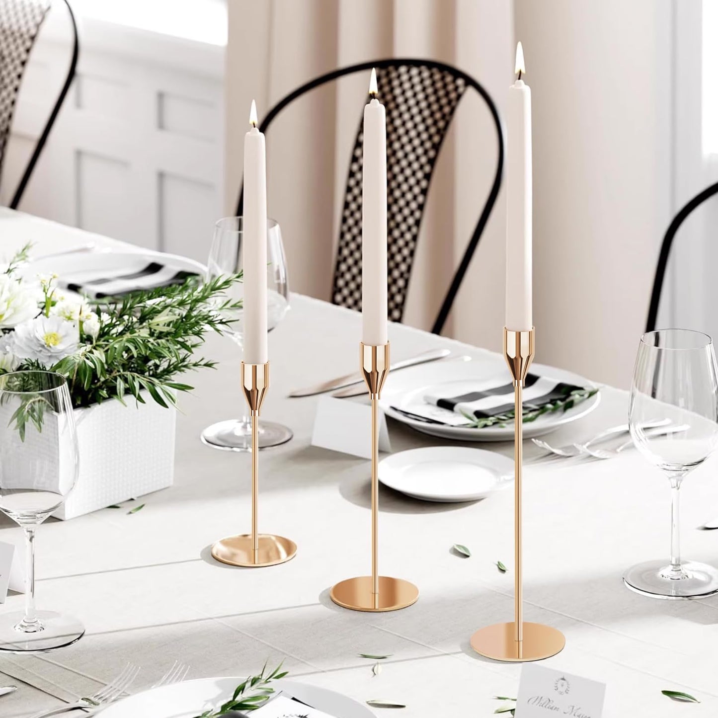 Gold Candle Holders for Taper Candles, FODIENS Set of 12 Metal Candlestick Holders, Decorative Tapered Candle Stick Holder for Wedding Dinning Anniversary Party Table Centerpiece (Gold)
