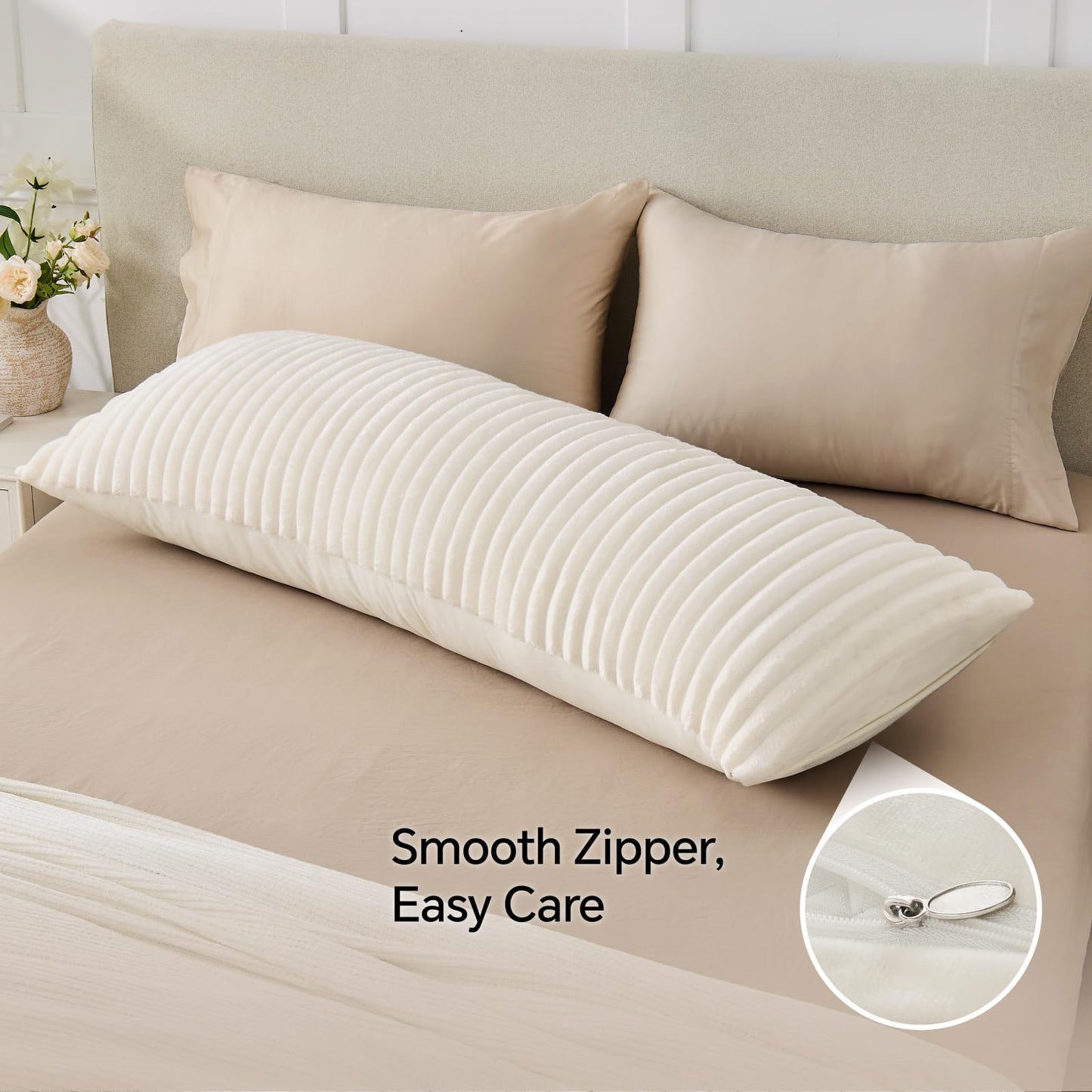 BEDELITE Fluffy Faux Fur Body Pillow Cover with Zipper, Luxury Plush 3D Striped Pillow Cover 20x54 Inches, Super Soft and Cozy Long Body Pillow Pillowcase for Bed Sofa Couch Room Decor(Cream White)