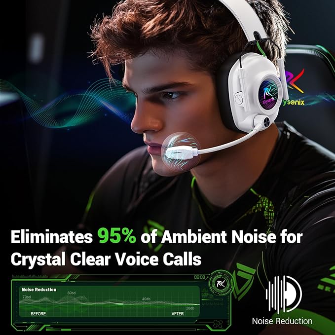 Wireless Gaming Headset with Noise Canceling Microphone for PC, PS5, PS4, Switch, Mac, 2.4 GHz Wireless & Bluetooth 5.4 Gaming Headphones, Cool RGB Lighting, 50Hr Battery, 50mm Drivers(White Black)