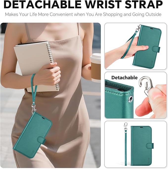 TUCCH 2-in-1 Removable Case Wallet for iPhone Air (6.5") 2025, Detachable Wrist Strap, 4 Card Holders RFID Blocking, Wireless Charging, Stand, Magnetic, PU Leather Shockproof Cover, Bluish Green