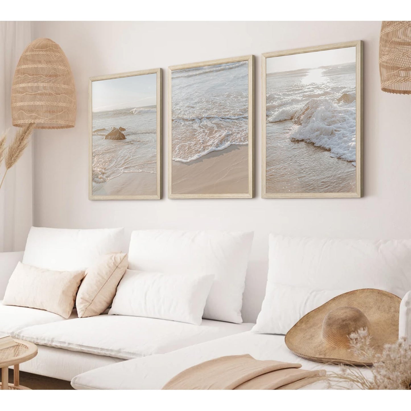 Beach Wall Art Decor Coastal Wall Art Pictures Ocean Canvas Wall Art Beige Beachy Wall Decor Boho Beach Prints Ocean Painting Coastal Artwork for Bedroom Living Room 12x16 Inch Wood Framed Set of 3