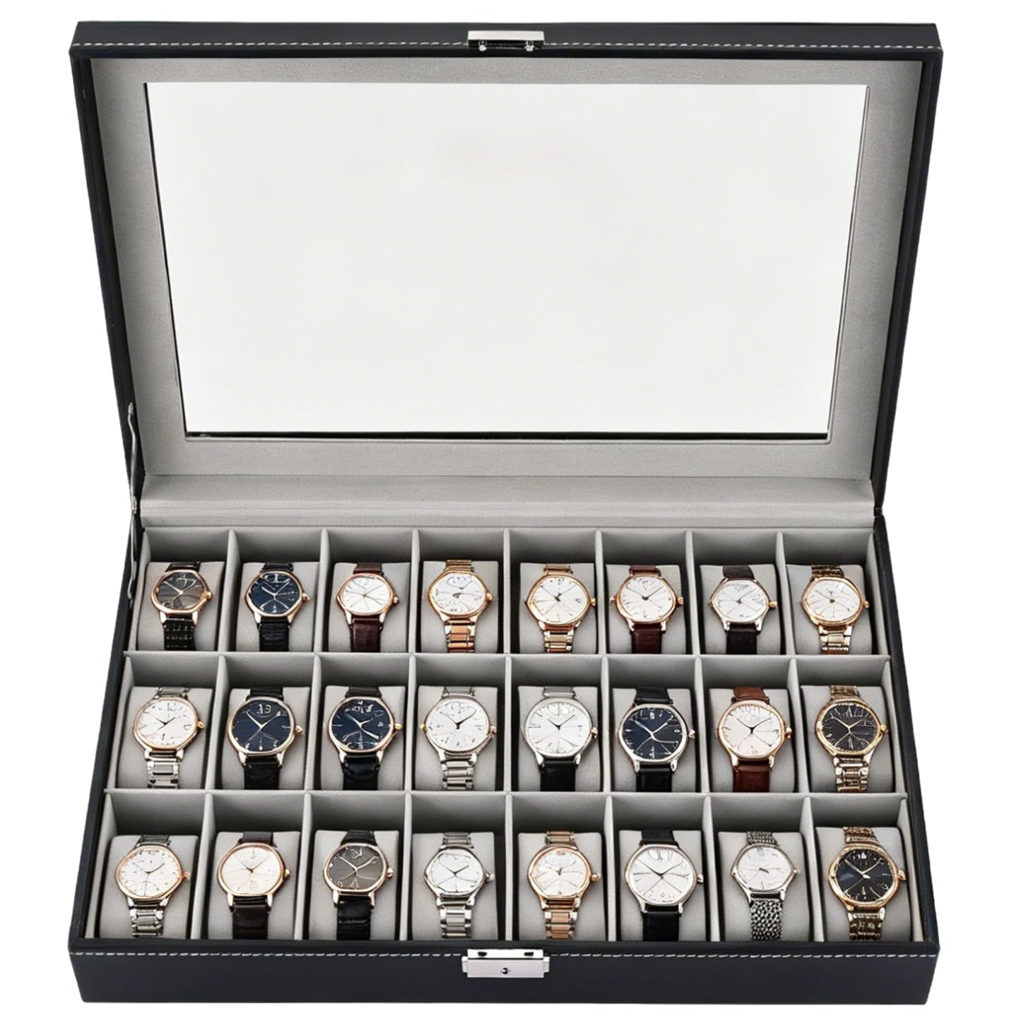 NYXOVA 24 Slots Lockable Watch Box, PU Leather Watch Display Case, Watch Storage Organizer with Removable Pillows for Men and Women, Jewelry Organizer for Watches, Travel and Home Use (Grey)