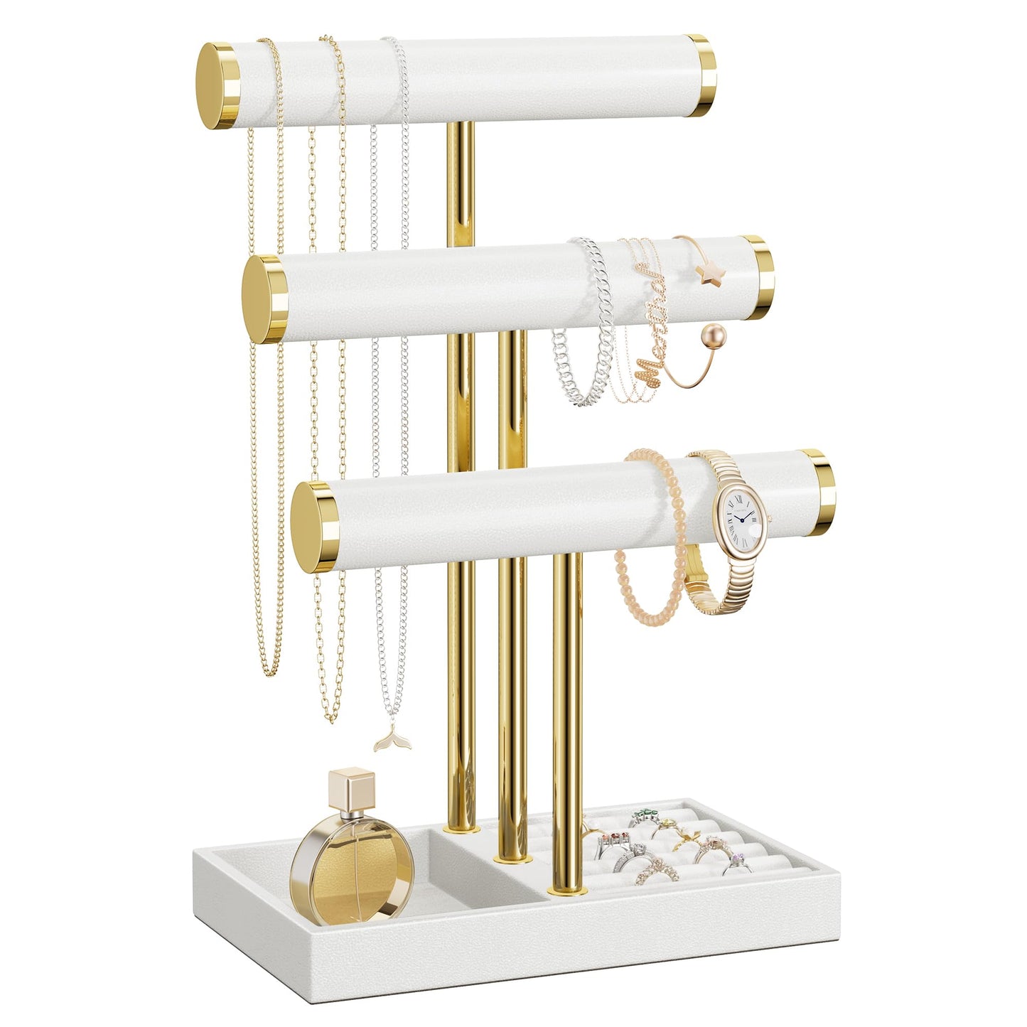 bussdis 3 Tier Bracelet Holder Display - White Leather Bracelet Holder, Detachable T Bar Jewelry Holder Organizer for Bracelet, Necklace, Earrings, Rings, Watches, Bangle