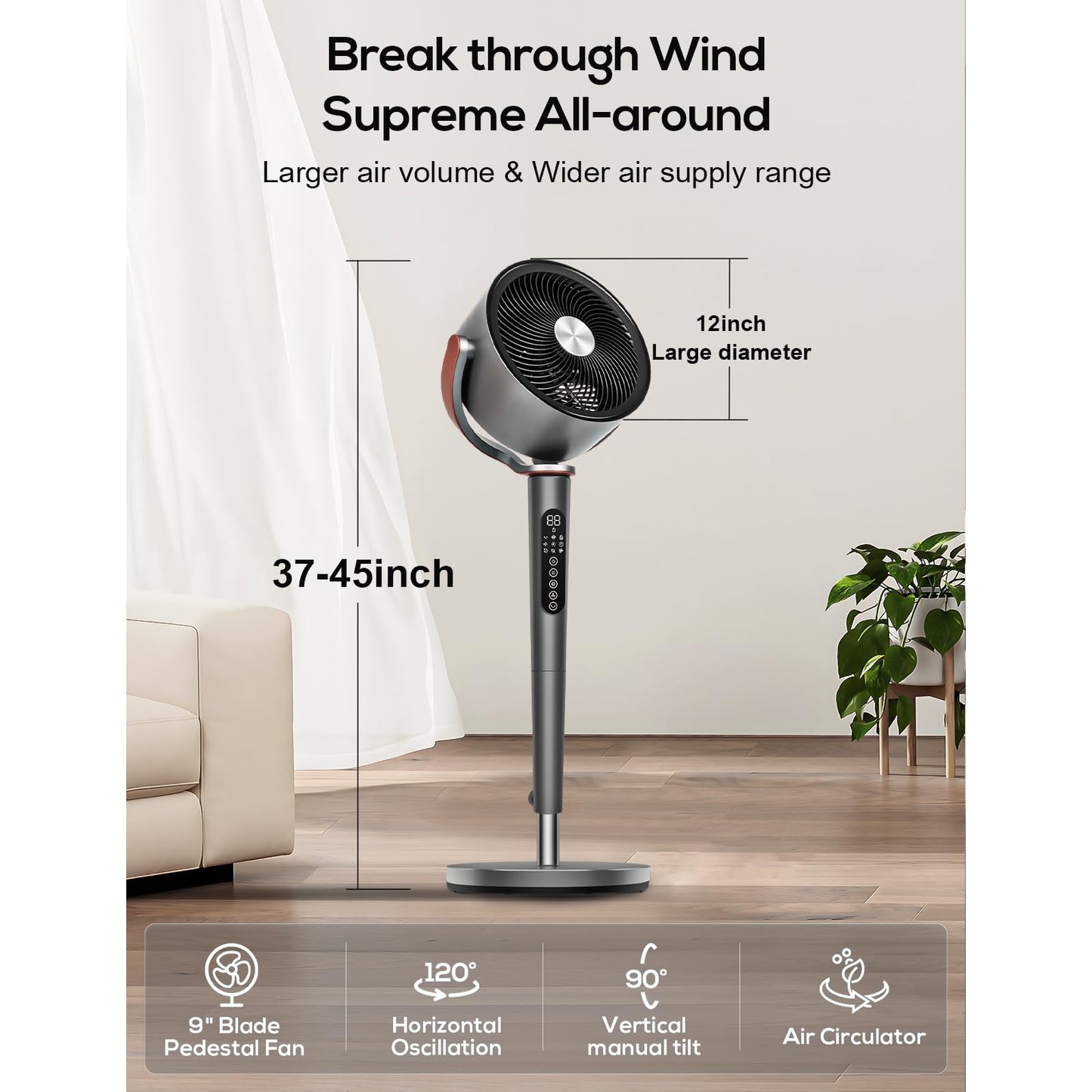 hykolity Large Fan for Bedroom, 120° Oscillating Standing Fan, 85ft Air Circulator With Remote, DC Motor Quiet Floor Fans, 90° Manual Vertical, 12 Speeds, 5 Modes, 12H Timer