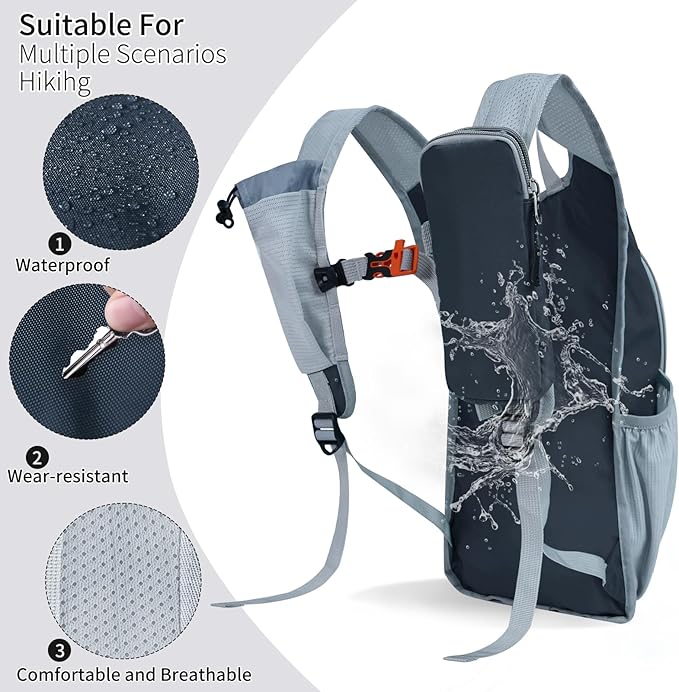 HIGH EXPERIENCE Hiking Backpack 10L/15L Small Daypack Lightweight Packable Travel Foldable Water Resistan for Women Men (Gray, 15L)