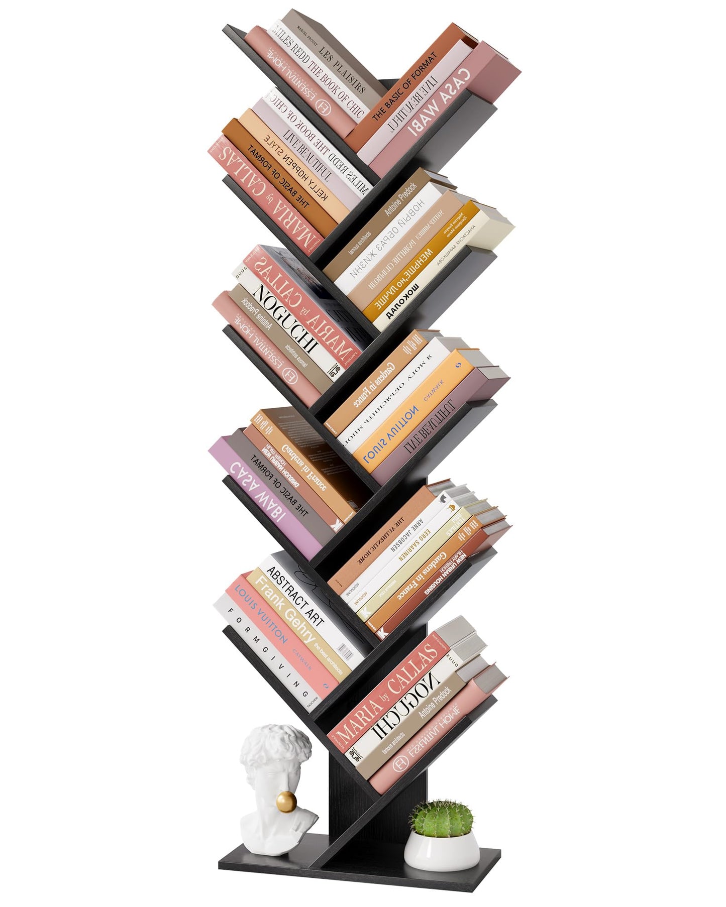 Hoctieon 10 Tier Tree Bookshelf, 10 Shelf Bookcase, Free Standing Tree Bookcase, Display Floor Standing Shelf for Books, Book Organizer Shelves for Home Office, Living Room, Bedroom, Black