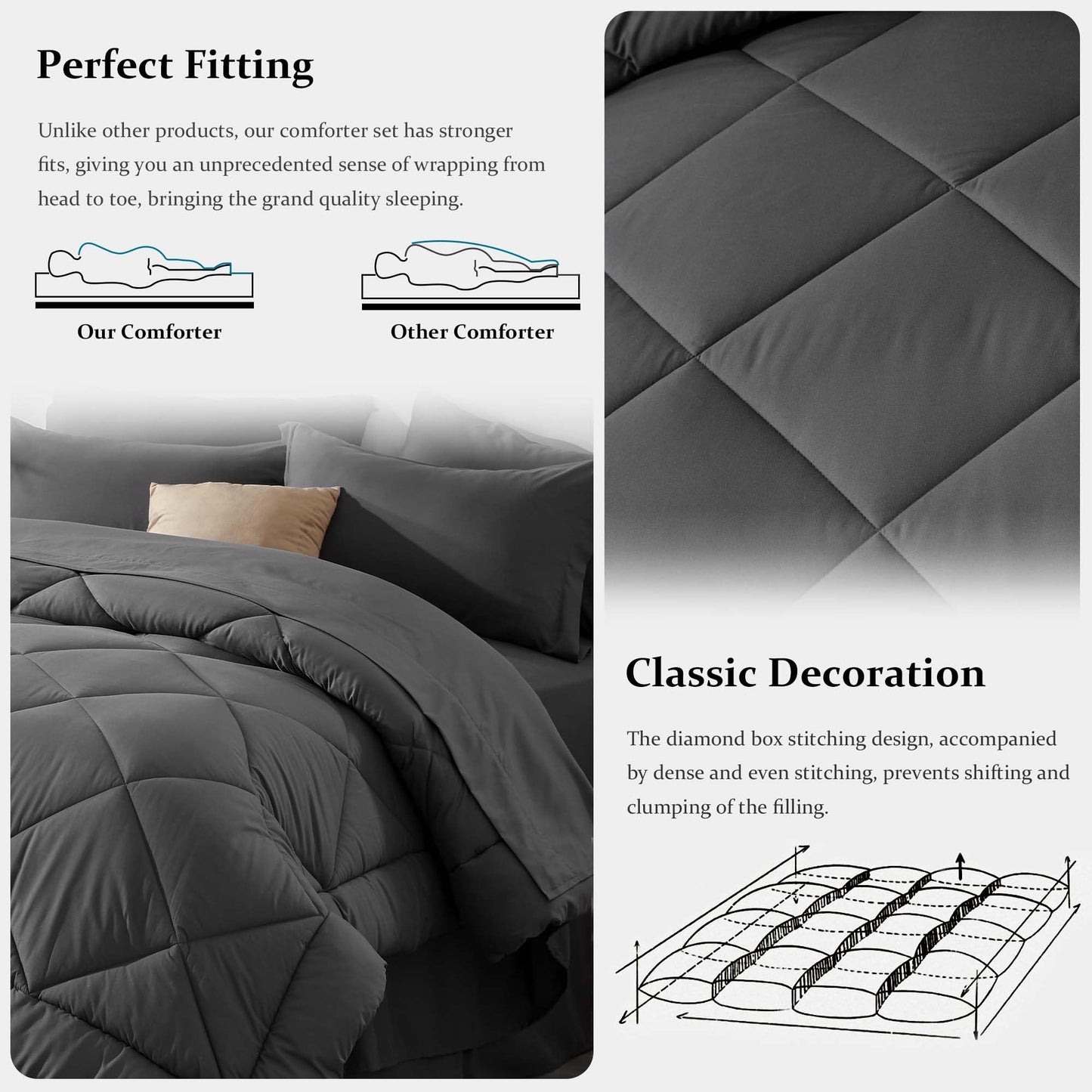 Newspin Queen Comforter Set Dark Grey - Bed in a Bag Queen Size 8 Pieces, All Season Bed Set, Fluffy Comforter Set with Sheets, Sheet Set Quilt Blanket, Pillowcases & Shams & Bed Skirt