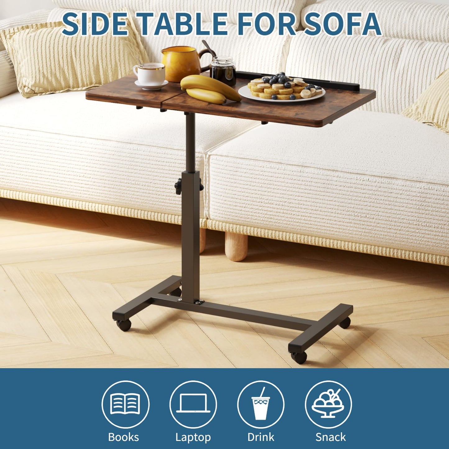 Mu Guang Overbed Tables, Hospital Table, Adjustable Height ＆ Protable Standing Rolling Desk, C-Shaped Bed Table for Livingroom and Bedroom, Brown