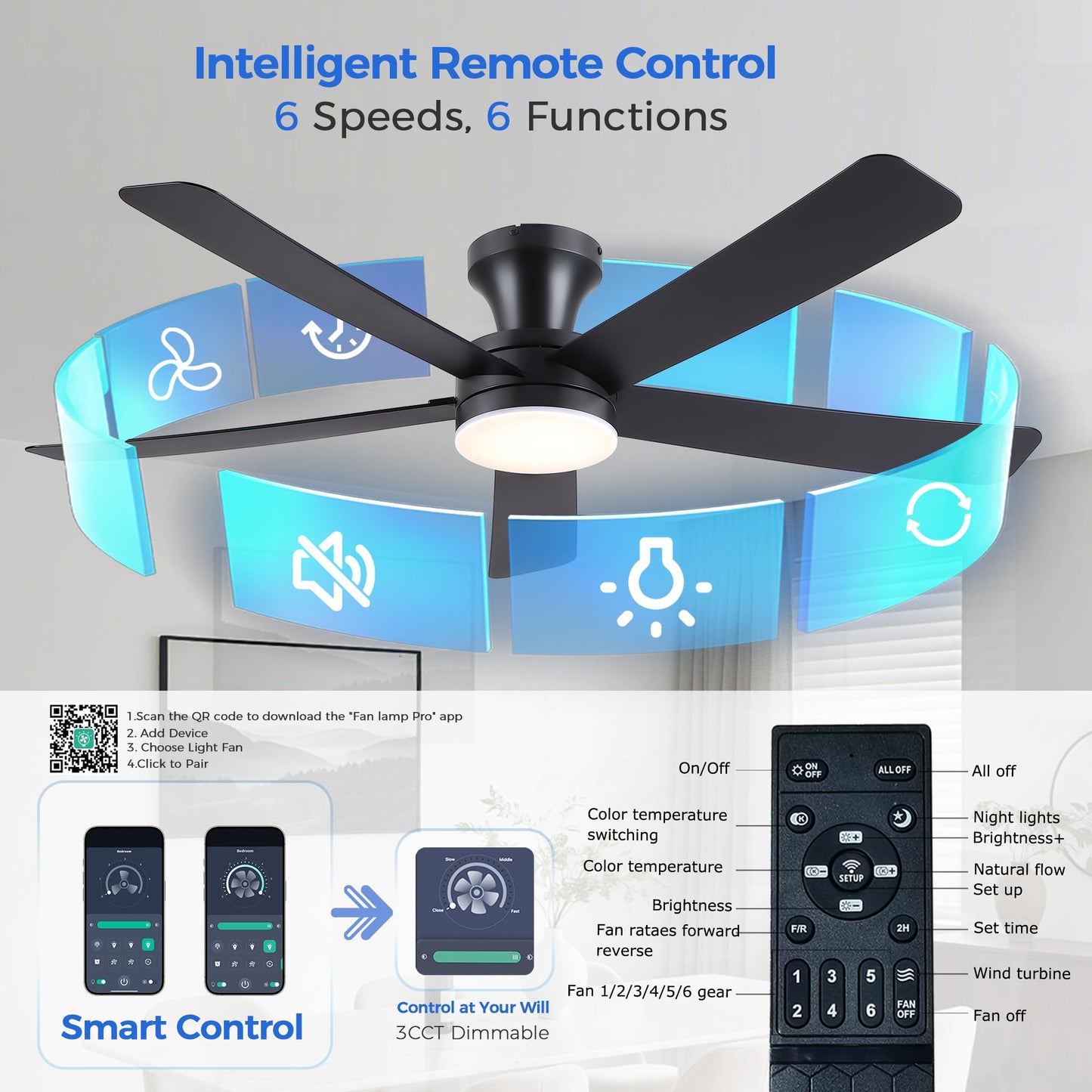 Ayaoty 46" Ceiling Fans with Lights and Remote - Black Flush Mount Ceiling Fan Light with ABS Blades and 3CCT Dimmable, Reversible, Low Profile Fan Light for Indoor Modern Bedroom, Kitchen
