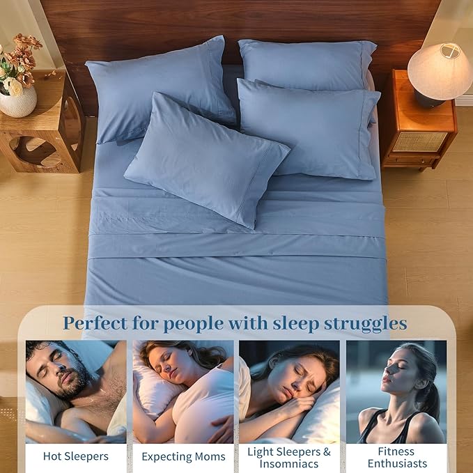 MEISHANG 100% French Pure Linen Sheets Queen Size - Bed Sheets 4 Piece Sets, Soft Durable Flax Linen, Anti-Tear Breathable Oeko-Tex Certified with 16" Deep Pocket (Dusty Blue)