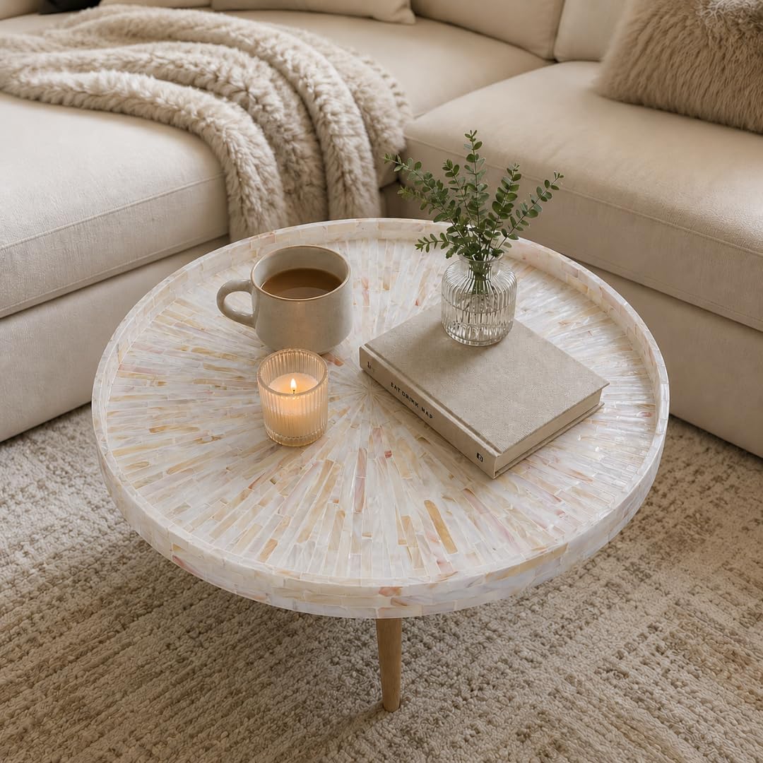 22" Extra Large Round Mother of Pearl Ottoman Tray with Raised Edge – Handcrafted Capiz Shell Serving Tray for Coffee Table, Charcuterie & Breakfast in Bed, Coastal Farmhouse Gift