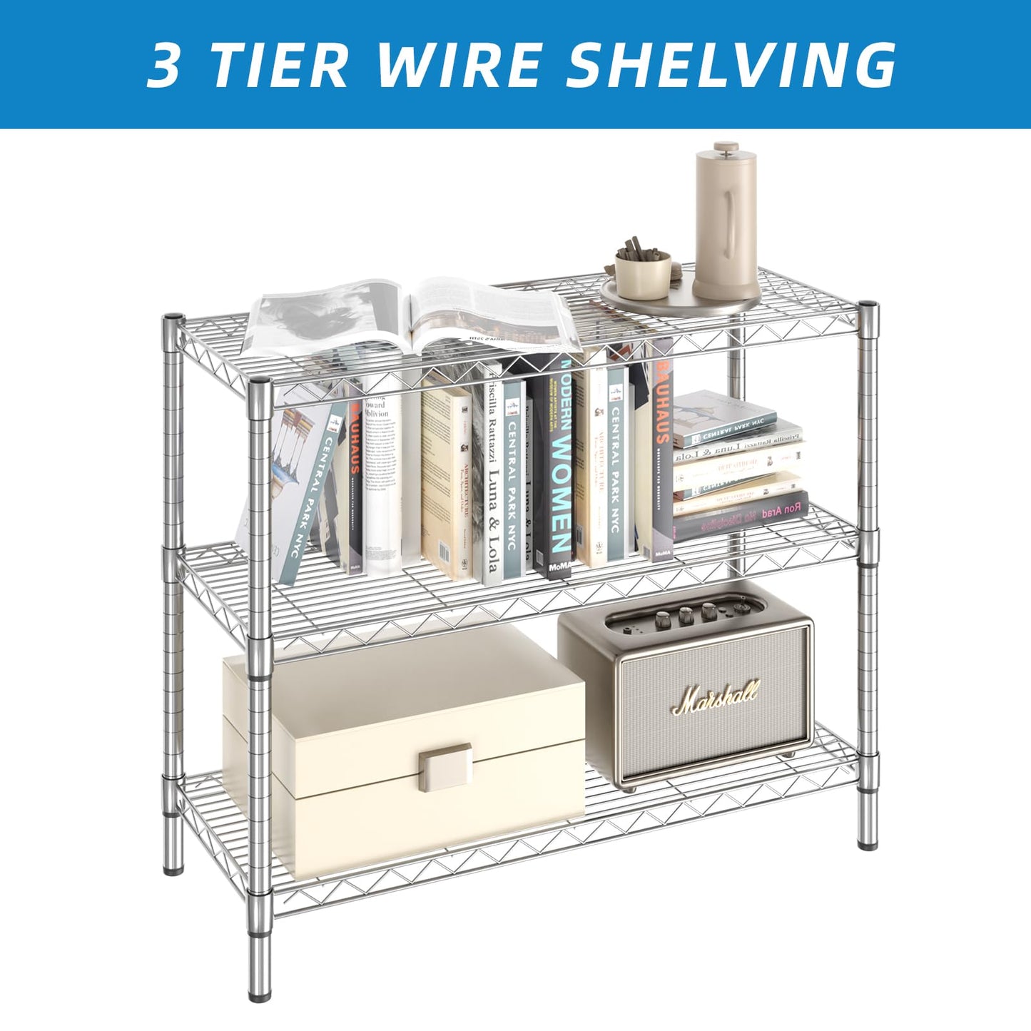 Guan River 3-Shelf Adjustable Metal Wire Shelving,Chrome,36"L x 14"W x 30"H