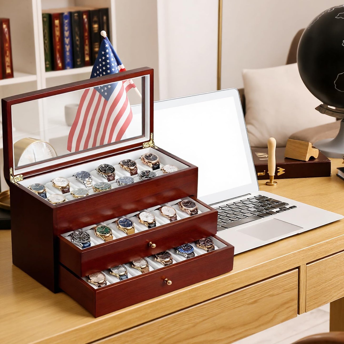 Silipull 36 Slot Watch Storage Box 3-layer Wood Storage Organizer with Acrylic Lid Display Box for Men and Women Top Layer for Larger Watches 2 Drawers for Regular Size Watch Collection