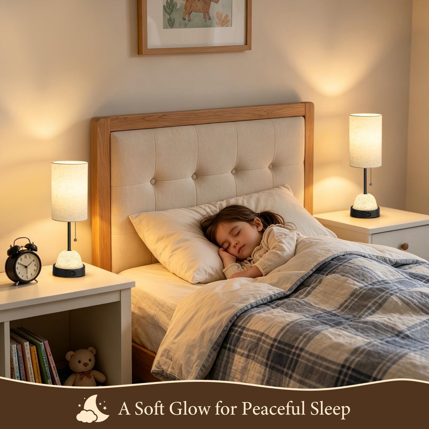 SIBRILLE Table Lamp for Bedroom, Dual Light Nightstand Lamp with Fabric Shade & Ceramic Carved Night Light Base, Individual Controls Bedside Lamp for Living Room, 8W LED Bulb Included