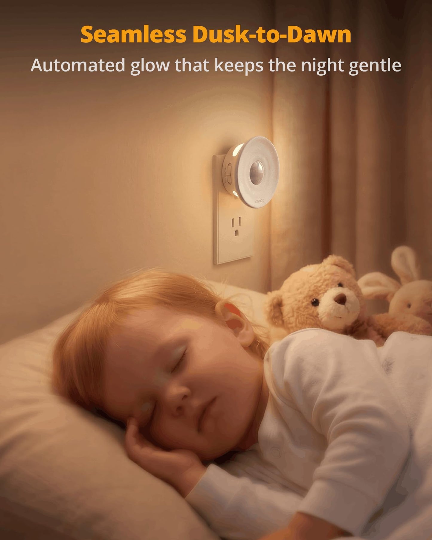 Lyridz Plug-in Backlit Motion Sensor Night Light with Dusk to Dawn Sensor, 1-50LM Precise Dimmable Wall Lights for Bedroom, Bathroom, Hallway, Stairs, Nursery, Warm White, 4-Pack