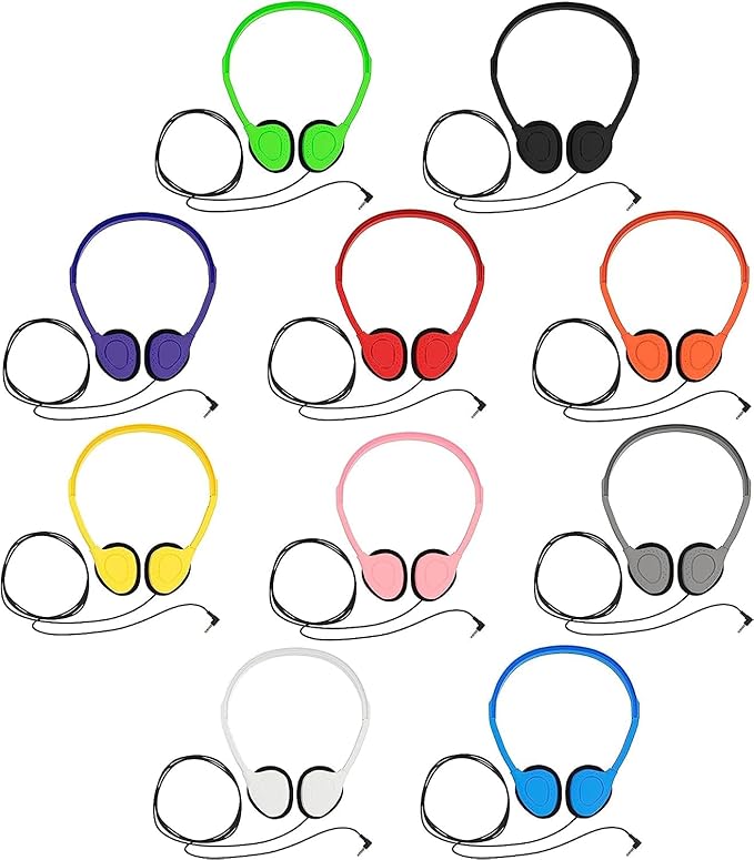 Maeline Bulk Classroom Student Headphones On Ear Stereo Headphones Flexible Adjustable Band for Kids Online Learning, Library, School, Airplane, Travel - 3.5mm Plug - 30 Pack - Multi