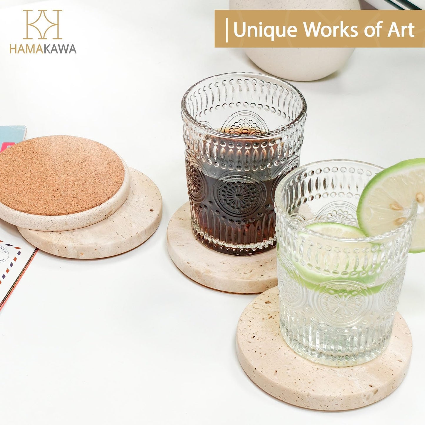 HAMAKAWA Turkish Natural Marble Coasters Set of 4, Round Travertine Coasters 4 inch, Beige Stone Drink Coaster for Home Decor, Coffee Table, Office