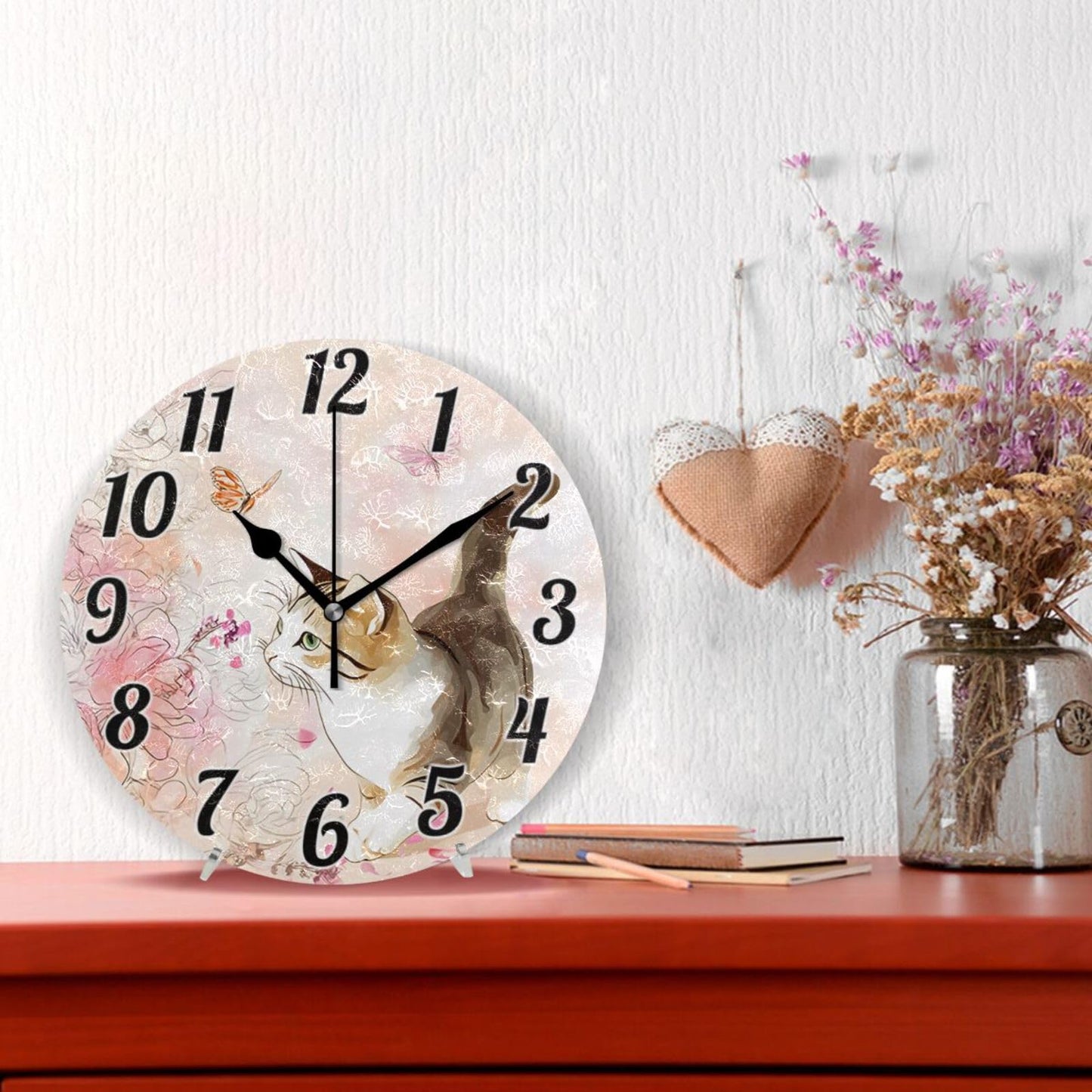 ALAZA Cute Cat Butterfly Flwoer Wall Clock Battery Operated Clock Silent 9.5 Inch Non Ticking Wall Clocks for Bedroom Living Room Decorative