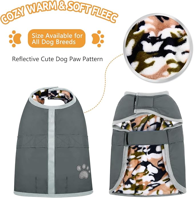 Queenmore Dog Winter Coat, Cold Weather Fleece Jacket for Dogs, Waterproof Reflective Reversible, for Small, Medium and Large Dogs (Grey, XS)